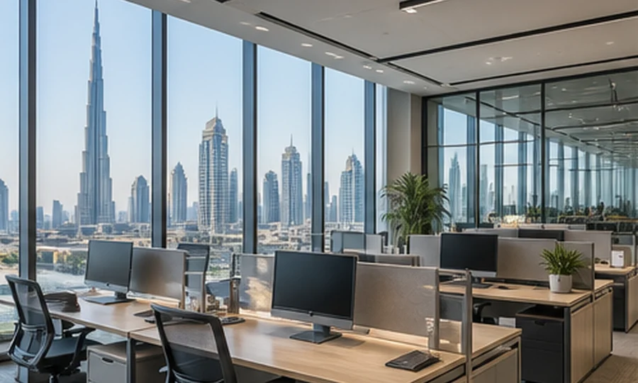 Premium fitted office interior with Dubai skyline views